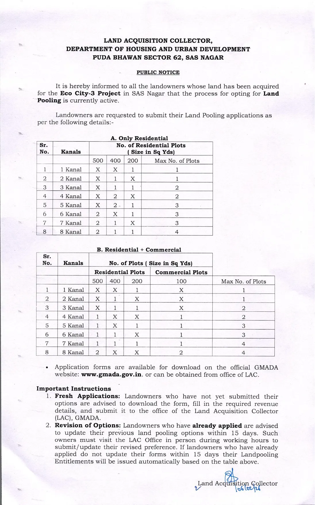 Eco City-3 land-pooling plot size options notice