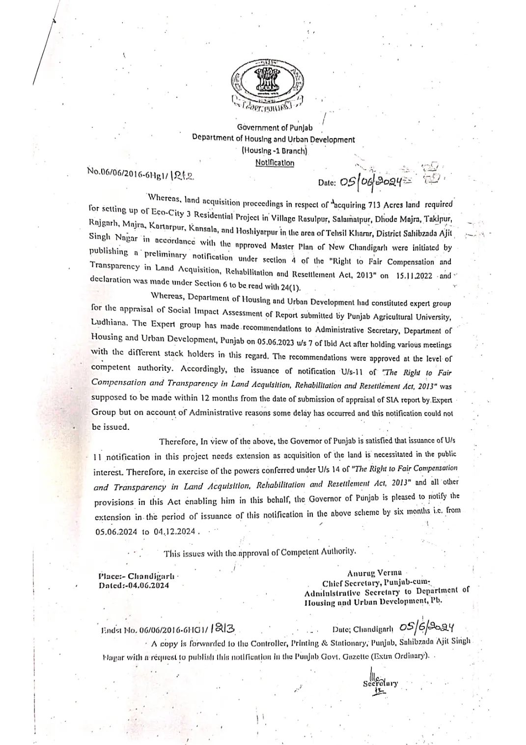 Land acquisition notification -- Eco City-3, 713 acres