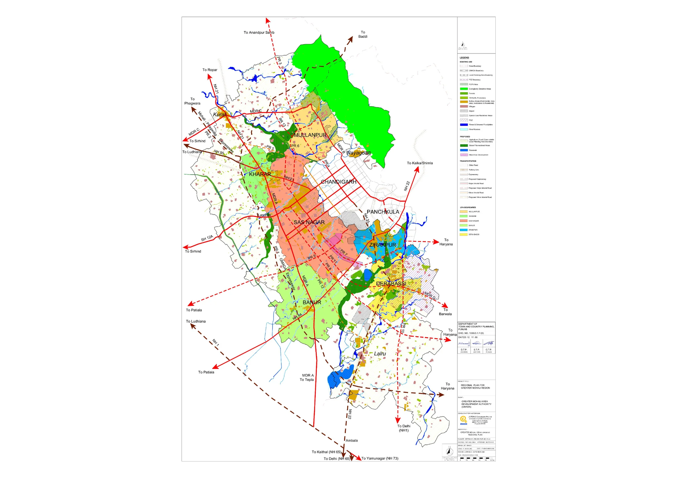 GMADA Regional Plan (Mohali / SAS Nagar) proposed land use plan — zoning, roads, and villages
